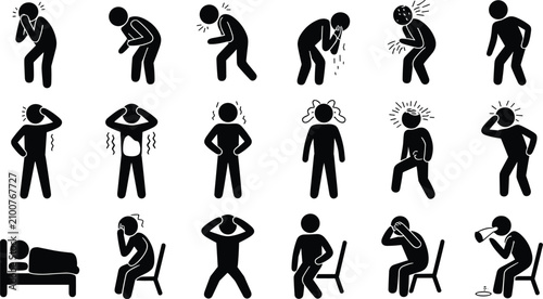 Sick man illness symptoms stick figure vector icon set featuring patient character suffering from headache stomach pain coughing fever and health problems