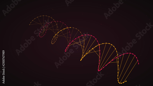 Abstract yellow and pink glowing dna strand animation rotating on a dark background for science concept