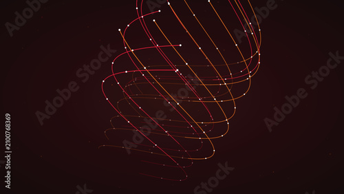 Abstract circular swirling vortex of golden and red glowing light lines against deep dark void