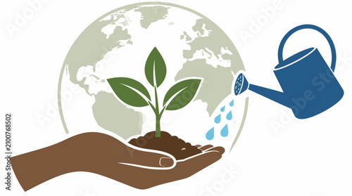 Tableau sur toile Hand holding plant sapling under earth globe watering
