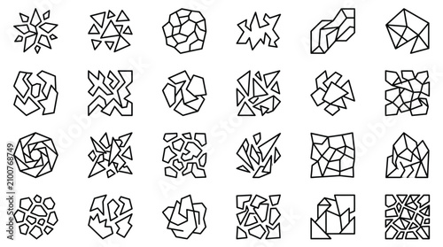 Set of complex geometric fragment textures and shattered polygonal surface background patterns.