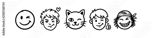 Tableau sur toile Collection of hand-drawn winking characters: smiley, boy, cat, and pirate