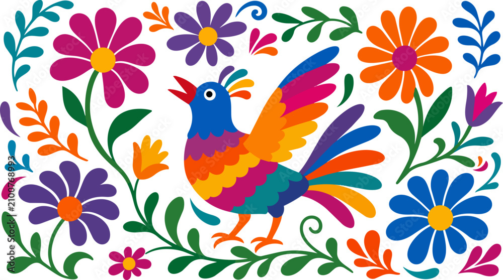 Obraz premium Vibrant Mexican Otomi Style Folk Art Bird and Floral Pattern