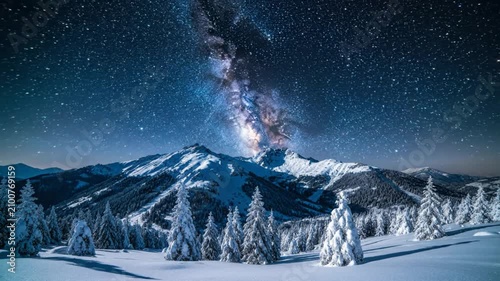 Stunning Milky Way Galaxy Over Snowy Mountain Landscape with Pine Trees at Night