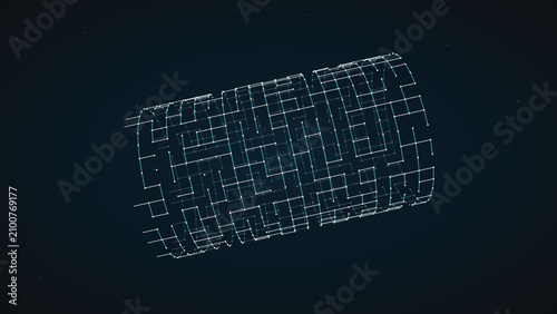 Abstract digital cylinder formed by connecting glowing blue light nodes in a dark cyberspace environment