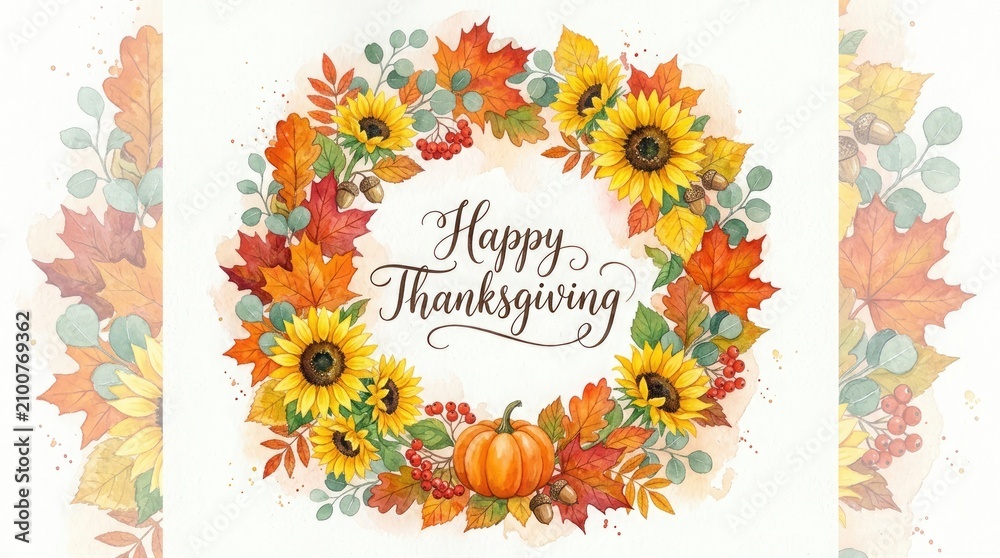Fototapeta premium Happy thanksgiving watercolor wreath sunflowers pumpkins autumn leaves for festive holiday greetings