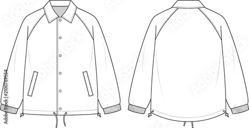Photos Technical fashion sketch of a coach jacket featuring raglan sleeves, snap button