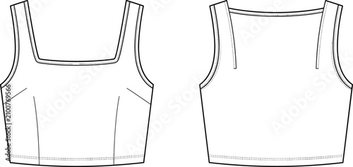 Photos Technical fashion sketch of a cropped tank top with a square neckline and front