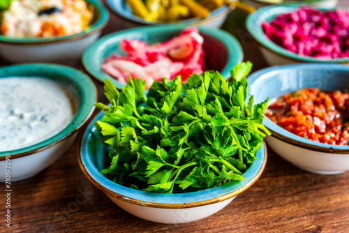 Fresh Parsley With Turkish And Soviet Cold Appetizers In Baku