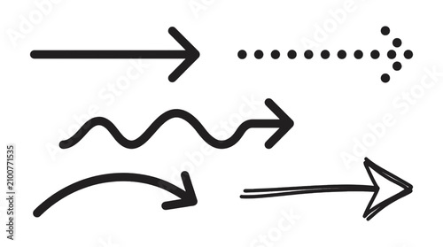 Collection of diverse hand drawn arrows in black on a transparent background representing direction and movement