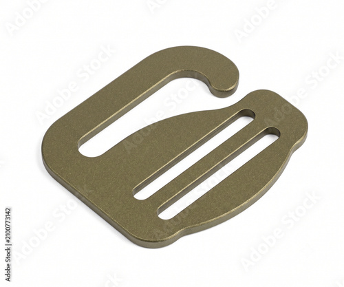 Extreme macro of a bare aluminum G-hook webbing buckle. Flat metallic tension hook with laser-cut strap slots and a matte olive drab anodized finish.