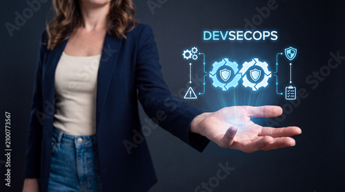 Woman Presenting DevSecOps Hologram With Gear Icons