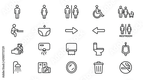 Restroom icons set for public facilities including gender signs accessibility symbols baby changing diaper disposal hand washing drying and no smoking signage.