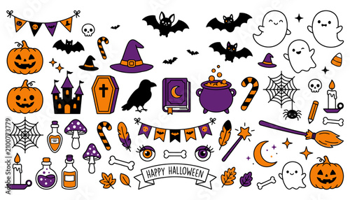 Halloween party celebration with spooky icons and festive elements. Vector illustration set of pumpkins, bats, ghosts, and witches for seasonal des...