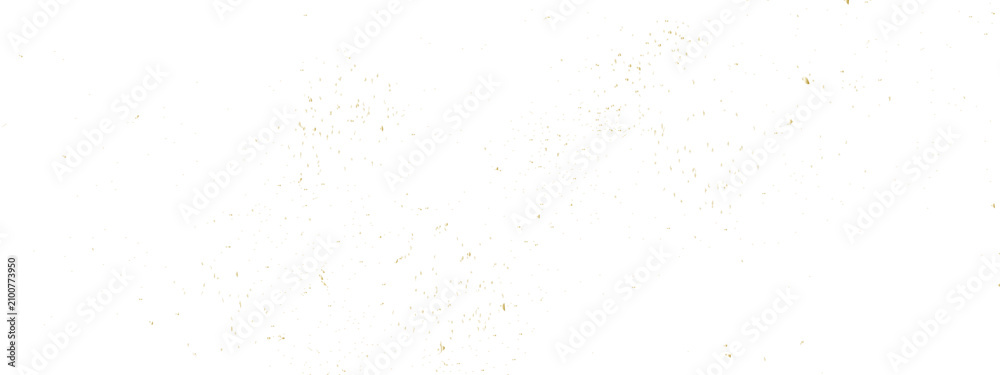 Fototapeta premium Gold glitter dust splatter overlay with fine metallic speckles, scattered golden particles, distressed sand texture, luxury confetti paint splash border on transparent background