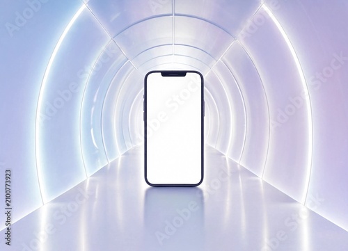 Smartphone device with white screen in futuristic purple tunnel with neon lights