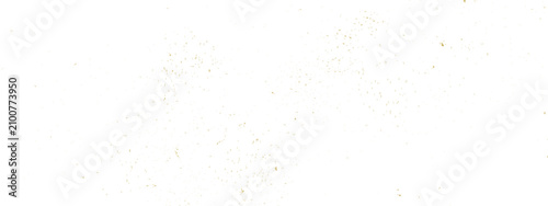 Gold glitter dust splatter overlay with fine metallic speckles, scattered golden particles, distressed sand texture, luxury confetti paint splash border on transparent background
