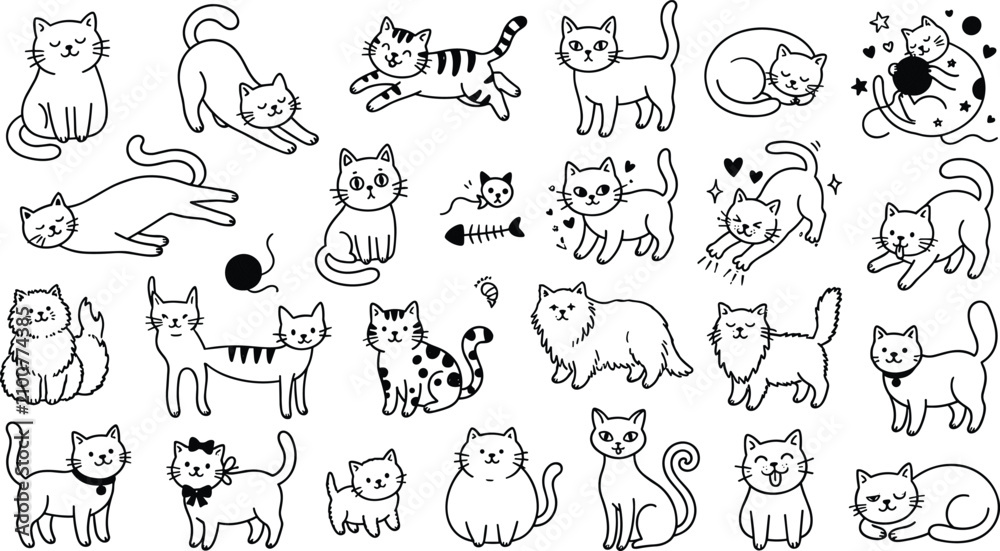 Fototapeta premium Cats doodle set hand drawn cartoon vector illustration