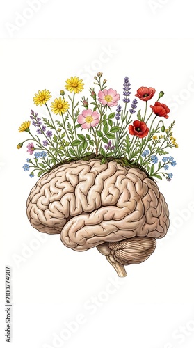 Conceptual graphic of a brain growing colorful flora and botanicals representing psychological healing and emotional wellness.