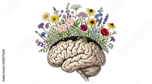 Creative brain illustration with diverse growing flowers and green plants symbolizing self-care, psychological health, and intellectual growth.
