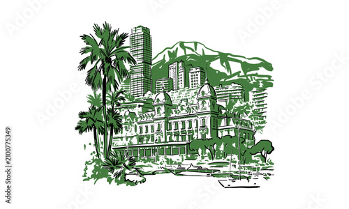 Bild auf Leinwand Green ink sketch of Monte Carlo cityscape with palm trees and mountain backdrop