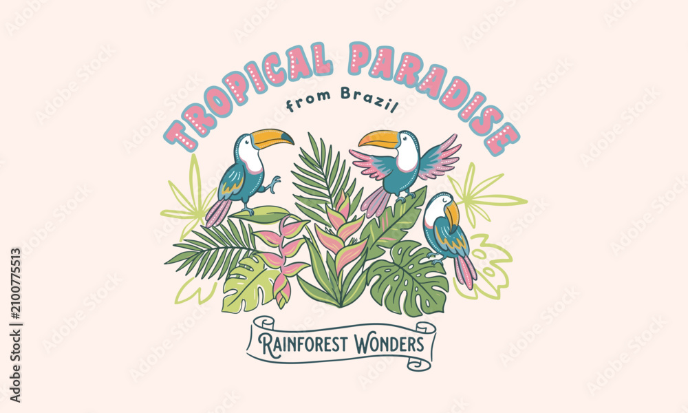 Obraz premium Vintage style graphic of toucans among exotic flowers and leaves for tropical Brazil design.