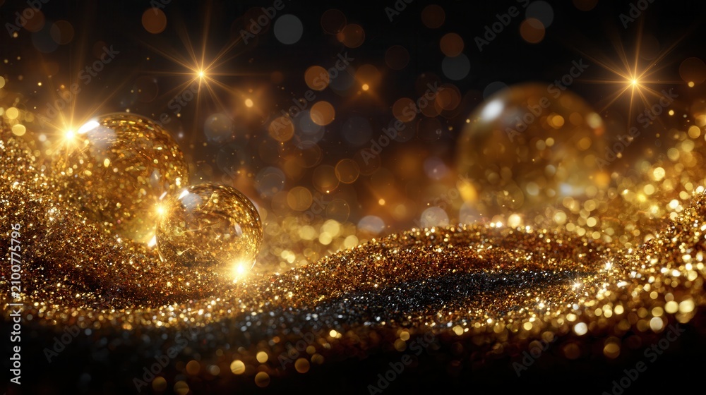 Fototapeta premium Festive golden glitter wave across deep blue background with soft bokeh lights, shimmering particles, elegant glow, and celebratory atmosphere for holiday designs