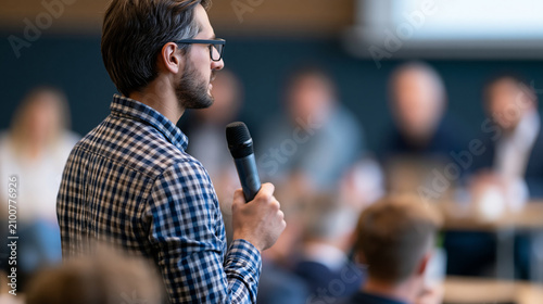 Faceless entrepreneur pitching a startup to a panel of judges at a business competition event, persuasive presentation concept, defocused competition panel in background, startup