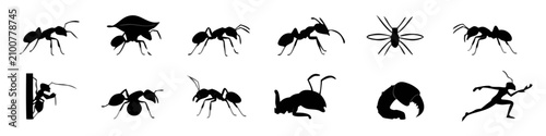 Collection of ant silhouettes in various poses against a white background