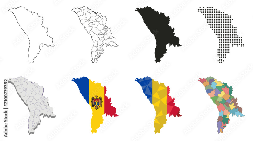 Obraz premium Moldova European Country Map Set Featuring Outline, Isometric, Flag Color, and Geometric Vector Illustrations