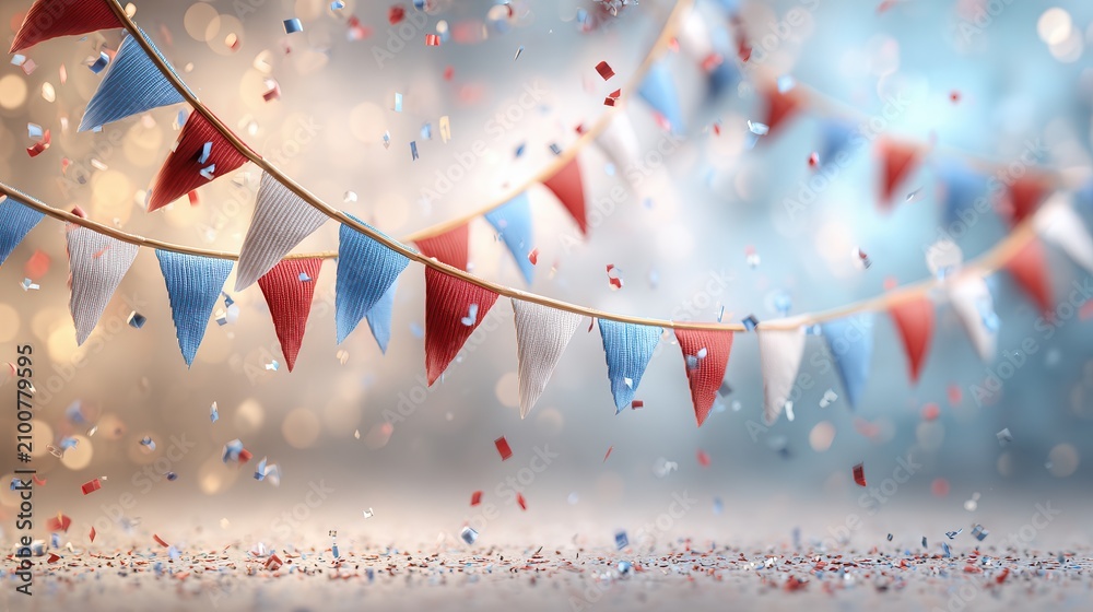 Fototapeta premium Red white blue ribbon curling through festive confetti with warm golden bokeh and soft summer glow for cheerful celebration, with ribbon, red, white, blue detail