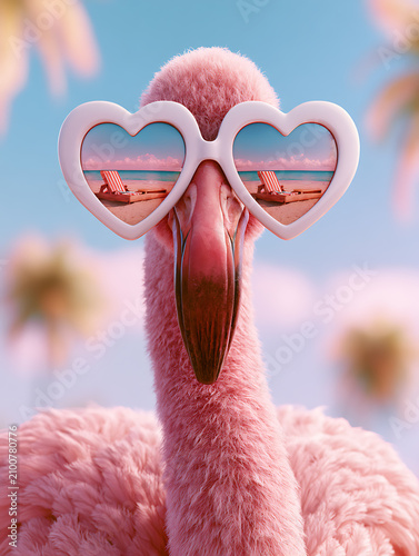 A pink flamingo wearing white heart-shaped sunglasses