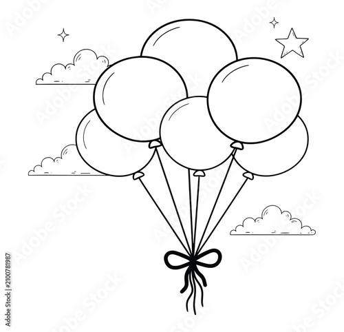 Fotografie A black line drawing of a bunch of helium filled balloons tied with a bow floati