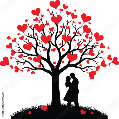 Foto Silhouette of a couple kissing under a tree with red hearts on its branches and