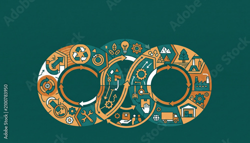 Sustainable circular economy concept with recycling industry icons on green background image.
