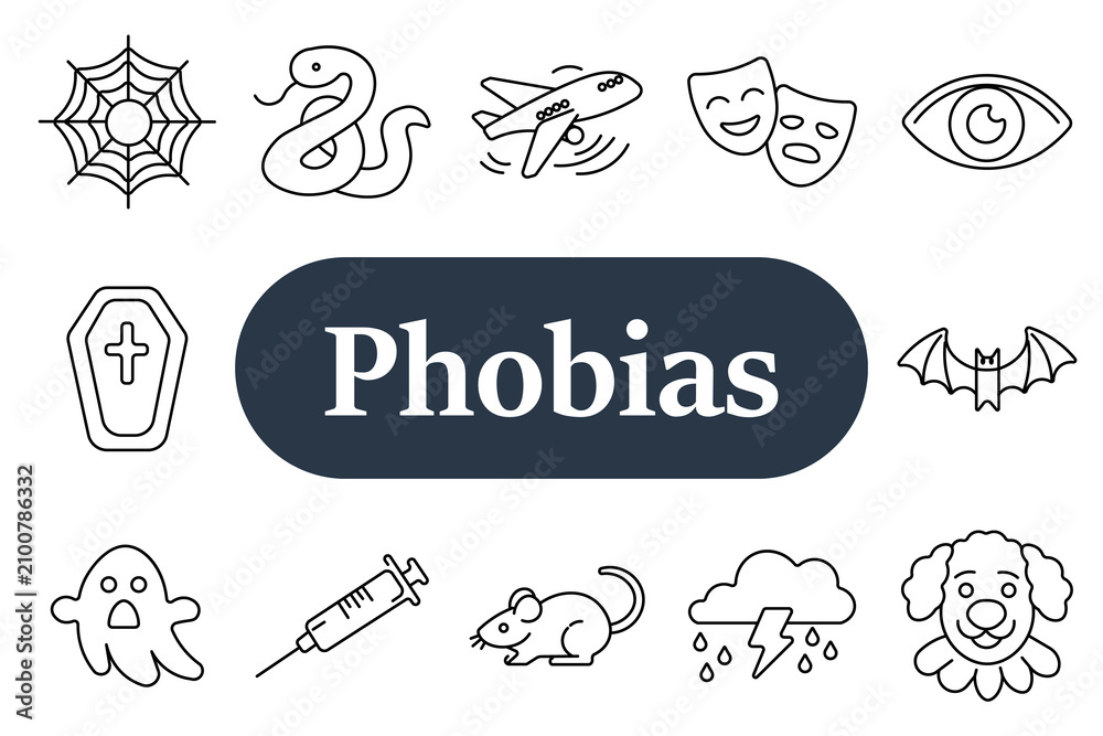 Obraz premium Phobia set icon. Spider web, snake, airplane, theater mask, eye, coffin, bat, ghost, syringe, mouse, thunderstorm, dog, anxiety disorder, fear reaction, psychological stress.