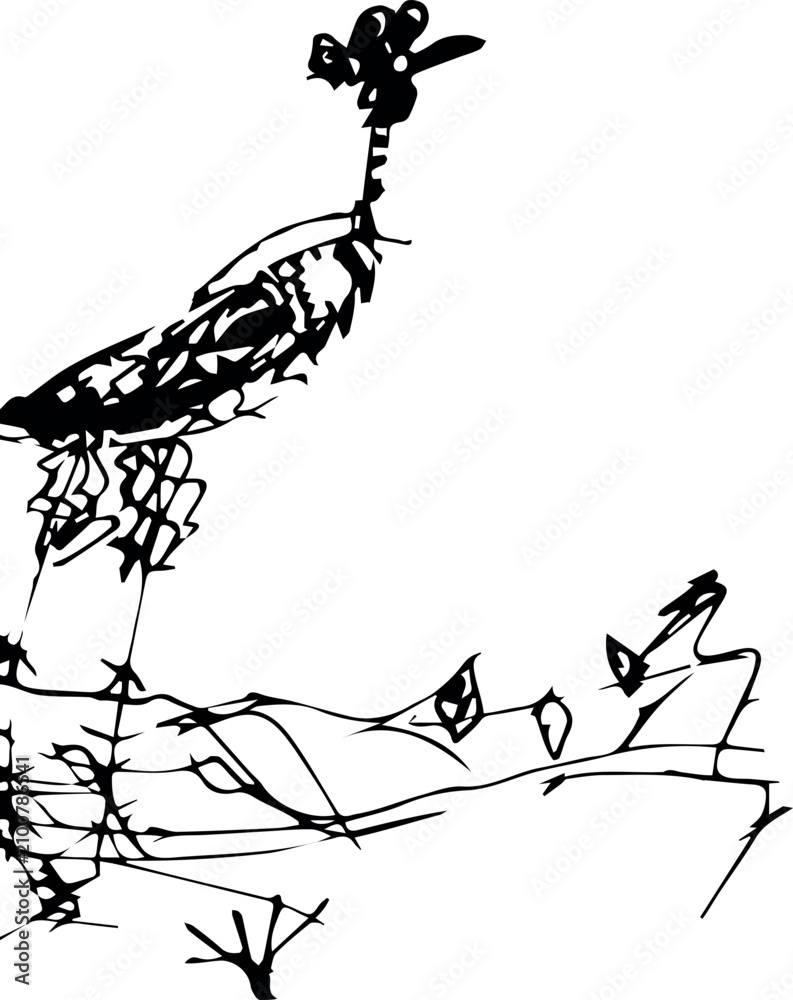 Obraz premium Hand drawn childish style crane bird standing in swamp water
