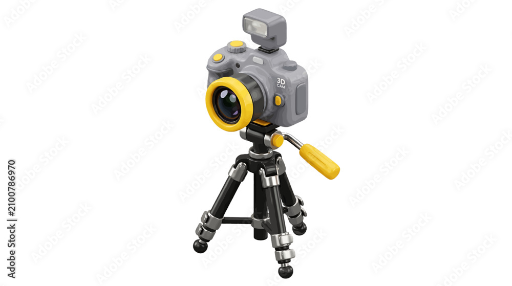 Fototapeta premium Vector illustration of 3d camera on tripod with flash unit on a transparent background