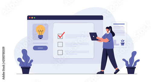 Female employee standing with laptop and completing checklist survey on a web screen with creative idea lightbulb symbol.
