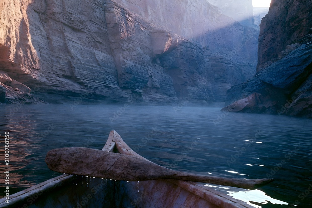 Fototapeta premium Canoe paddle resting over gunwale in narrow desert canyon
