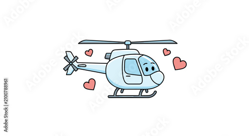 Cute cartoon helicopter with friendly smiling eyes flying in the air surrounded by small pink hearts.