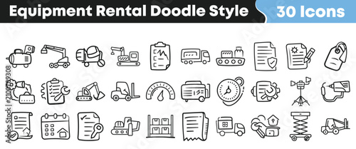 Set of thirty hand drawn equipment rental icons in doodle style