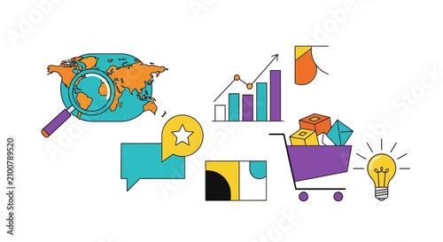 Colorful business technology innovation icons set with globe, graph, shopping cart, and light bulb on white background for marketing, entrepreneurship, and startup concepts
