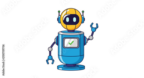 Happy robot character with yellow head and blue body holding wrench and wearing headphones, standing on white background, with screen on chest displaying green checkmark, friendly cartoon illustrat...