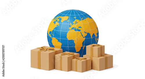 Global shipping and logistics concept with cardboard boxes and world globe on white background, symbolizing international delivery and e-commerce