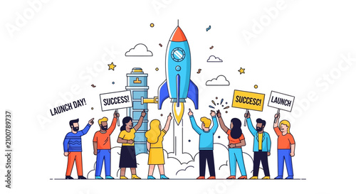 Diverse group of people celebrating business success with rocket launch and achievement signs in colorful illustration
