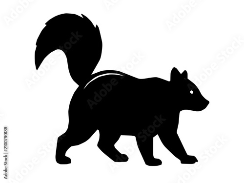 фотографія A skunk walking forward with its bushy tail raised high in the air, captured in a side profile view