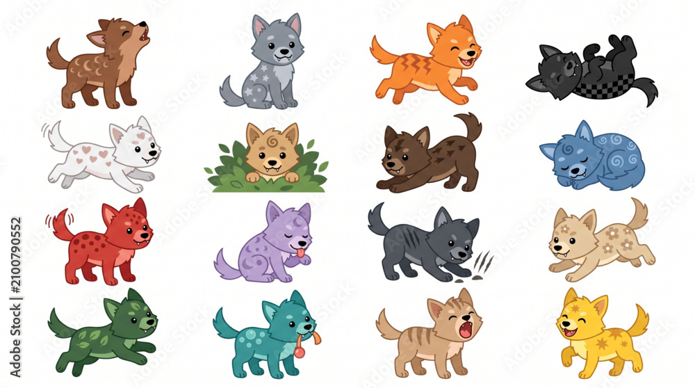 Obraz premium Set of cute cartoon wolf pups with various patterns and expressions