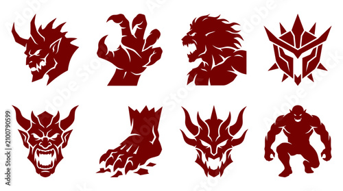Foto Red demonic monster icons and beastly character silhouettes.