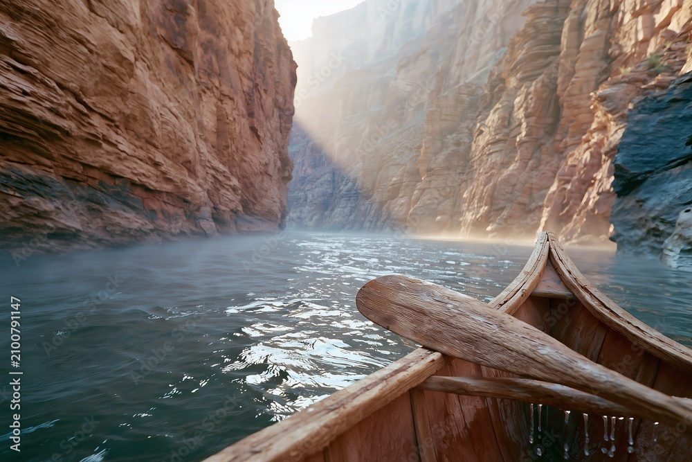 Fototapeta premium Canoe paddle resting in misty desert canyon at dawn